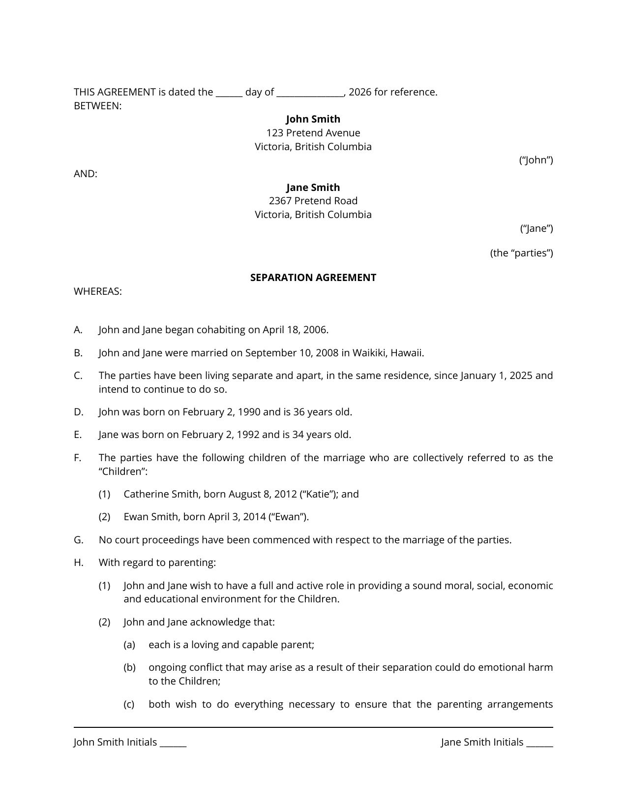 First page of a draft BC Separation Agreement drafted by Divii for a sample file