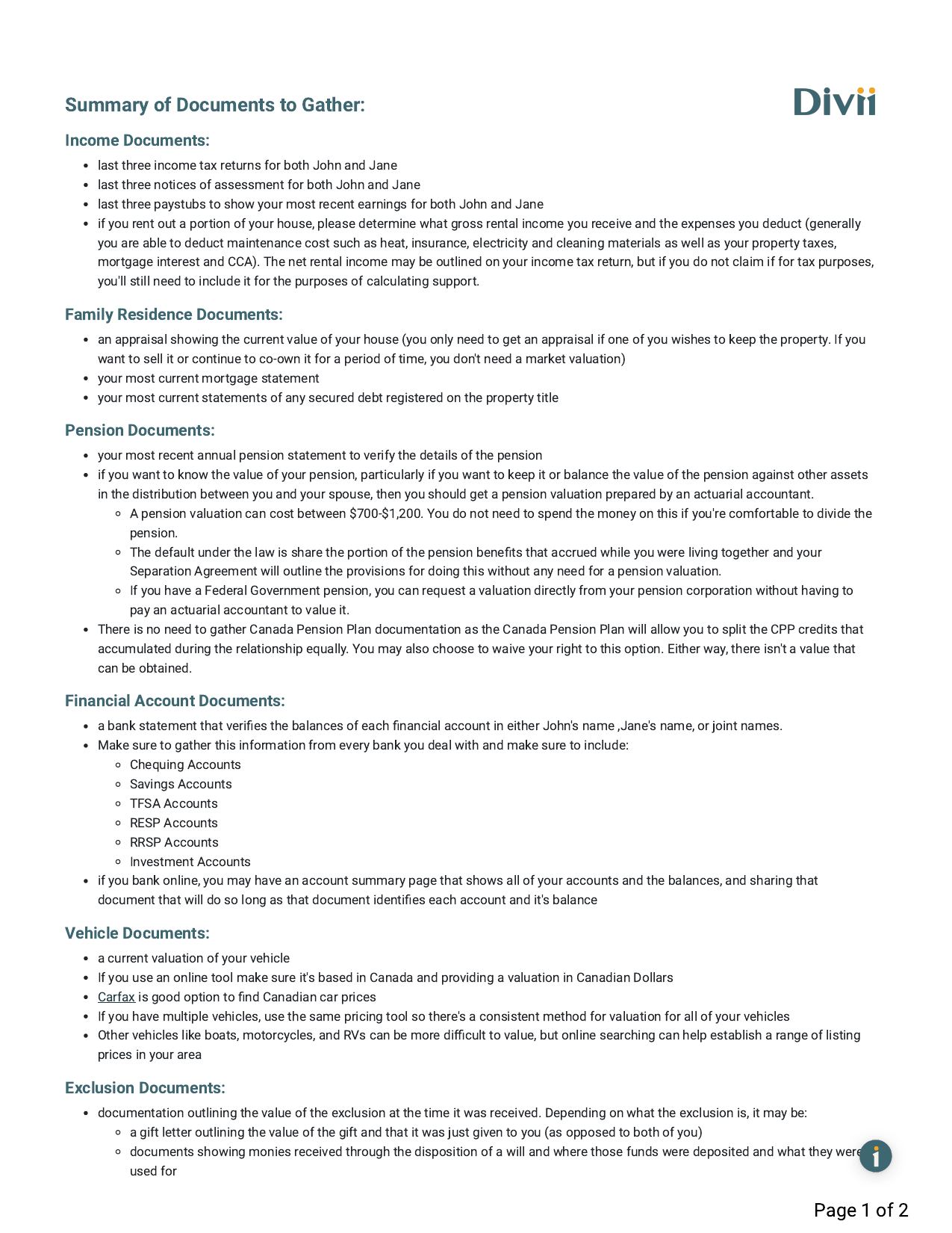 Divii Financial Document Checklist export listing documents to gather
