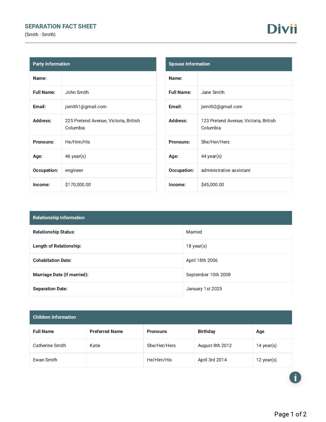 Divii Separation Fact Sheet export for a sample file