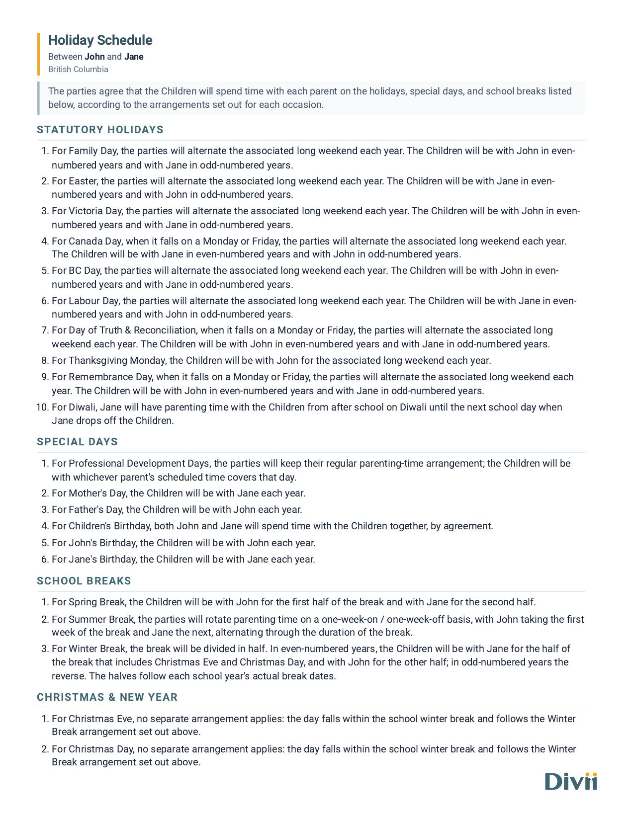 Divii Holiday Schedule export listing statutory holidays, special days and school breaks