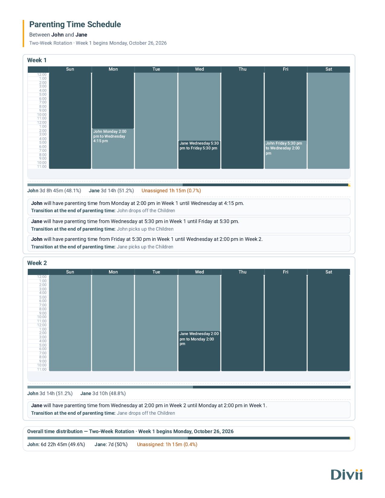 Divii Parenting Time Schedule export showing a two-week rotation