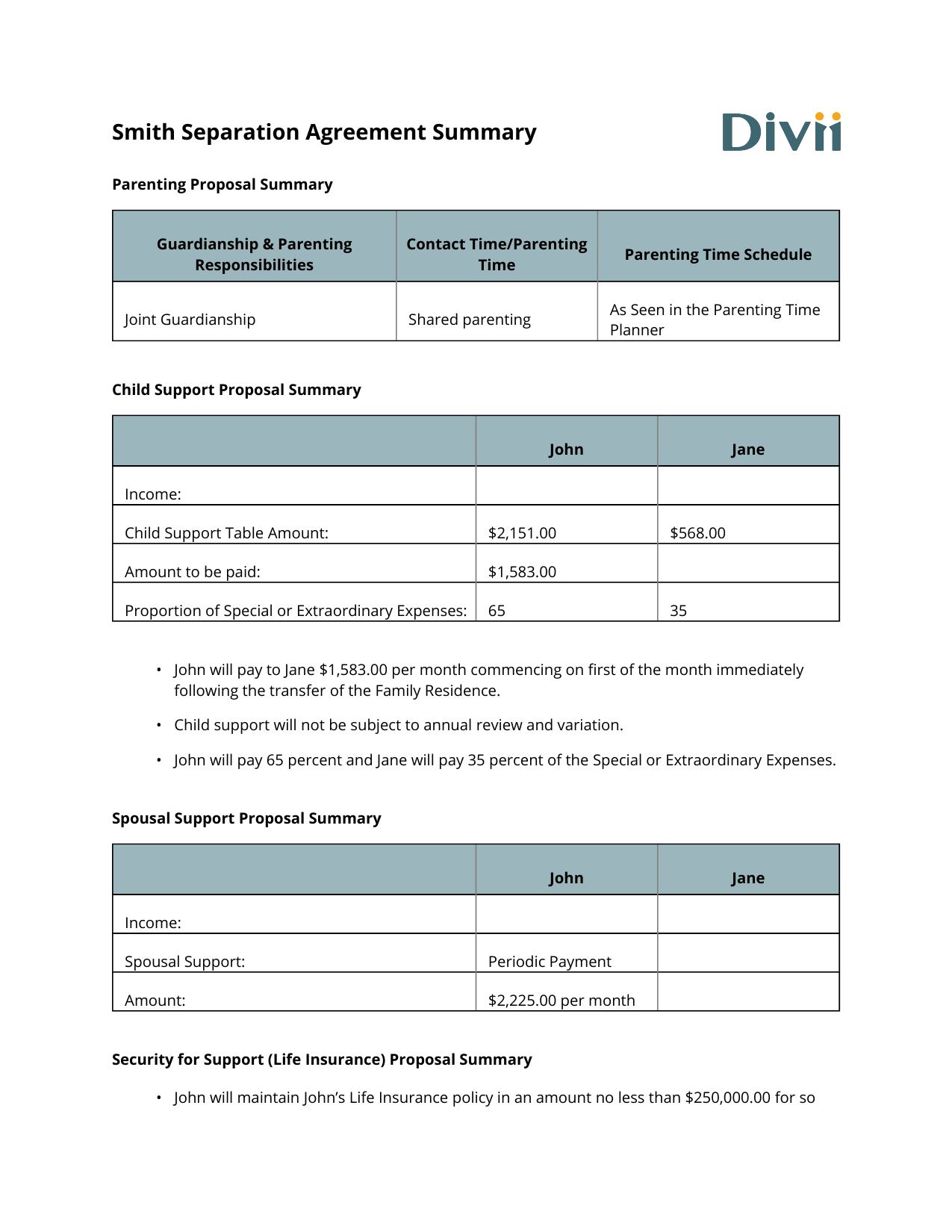 Divii Separation Agreement Summary export showing proposals for a sample file
